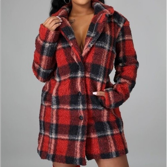 WOMEN’S RED COLLAR PLAID FLANNEL PLUSH TEDDY COAT - Picture 11 of 12